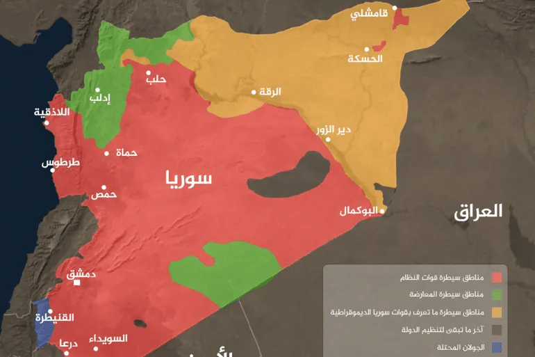 تقسيم الخارطة السورية بين مختلف القوى العسكرية والنظام في دمشق (الجزيرة)