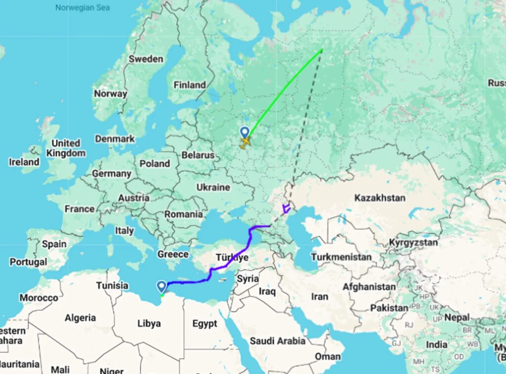 مسار الرحلة "SUM9622" من بنغازي إلى روسيا، في 3 سبتمبر/ أيلول 2026 ⁦(Flight Radar 24)⁩