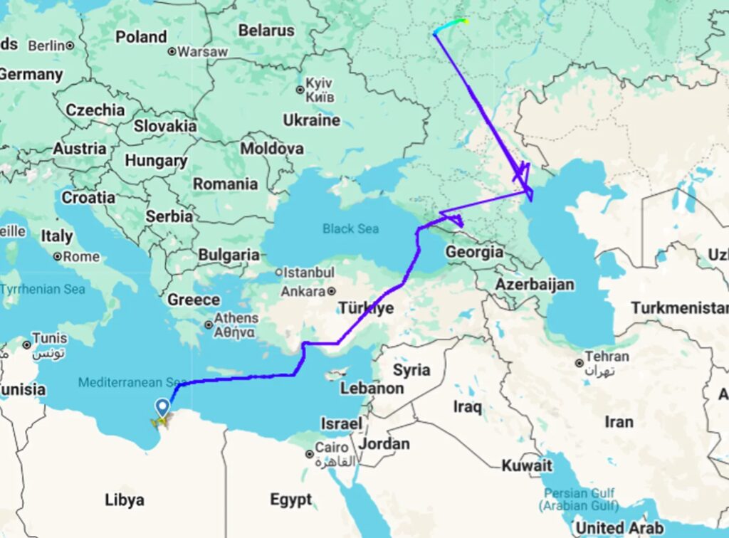 مسار الرحلة "SUM9622" من بنغازي إلى روسيا، في 18 سبتمبر/ أيلول 2026 ⁦(Flight Radar 24)⁩