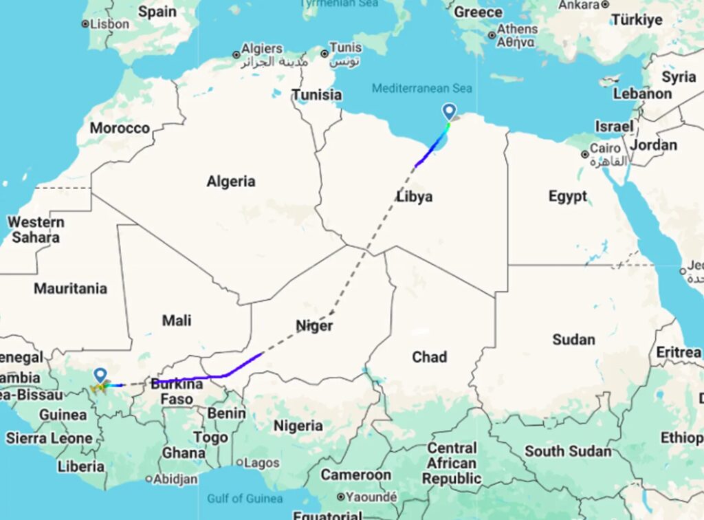 مسار الرحلة "SUM9621" من بنغازي إلى باماكو، في 2 سبتمبر/ أيلول 2026 ⁦(Flight Radar 24)⁩