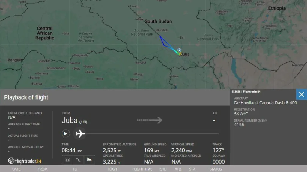 سجل رحلة الطائرة "5X-AYC" من جوبا إلى أويل، يوم 11 أبريل/ نيسان، (Flight Radar 24)