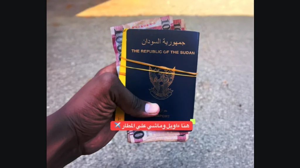 صاحب حساب (aliadim50) يرفع جواز سفر سودانيًا خلال الرحلة البرية، وتظهر على المقطع عبارة "أويل وماشي على المطار".