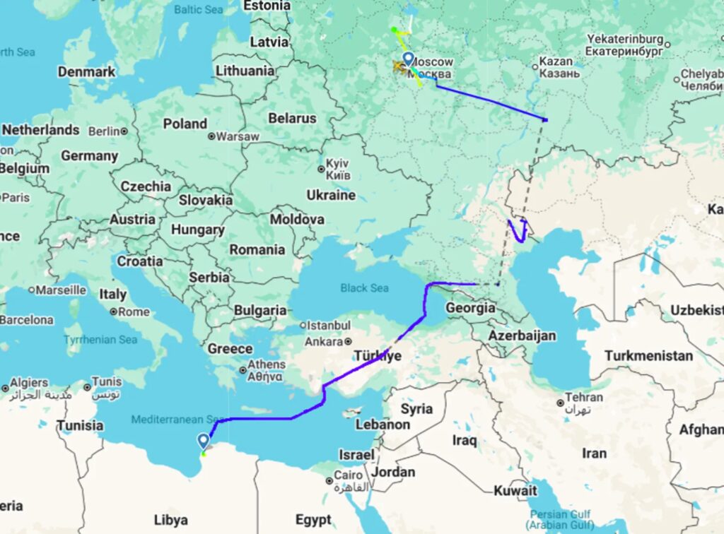 مسار الرحلة "SUM9621" من مطار "جوكوفسكي" بروسيا إلى بنغازي، في 4 سبتمبر/ أيلول 2026 ⁦(Flight Radar 24)⁩