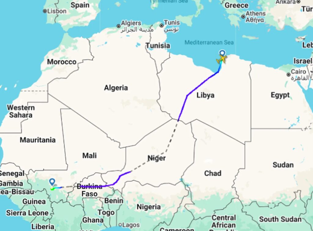 مسار الرحلة "SUM9621" من بنغازي إلى باماكو، في 16 سبتمبر/ أيلول 2026 ⁦(Flight Radar 24)⁩