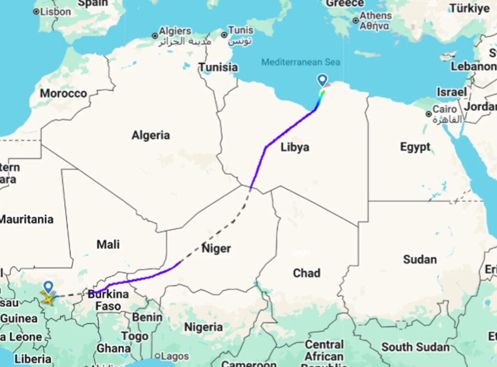 مسار الرحلة "SUM9621" من مطار "تشكالوفسكي" بروسيا إلى بنغازي، في 15 سبتمبر/ أيلول 2026 ⁦(Flight Radar 24)⁩