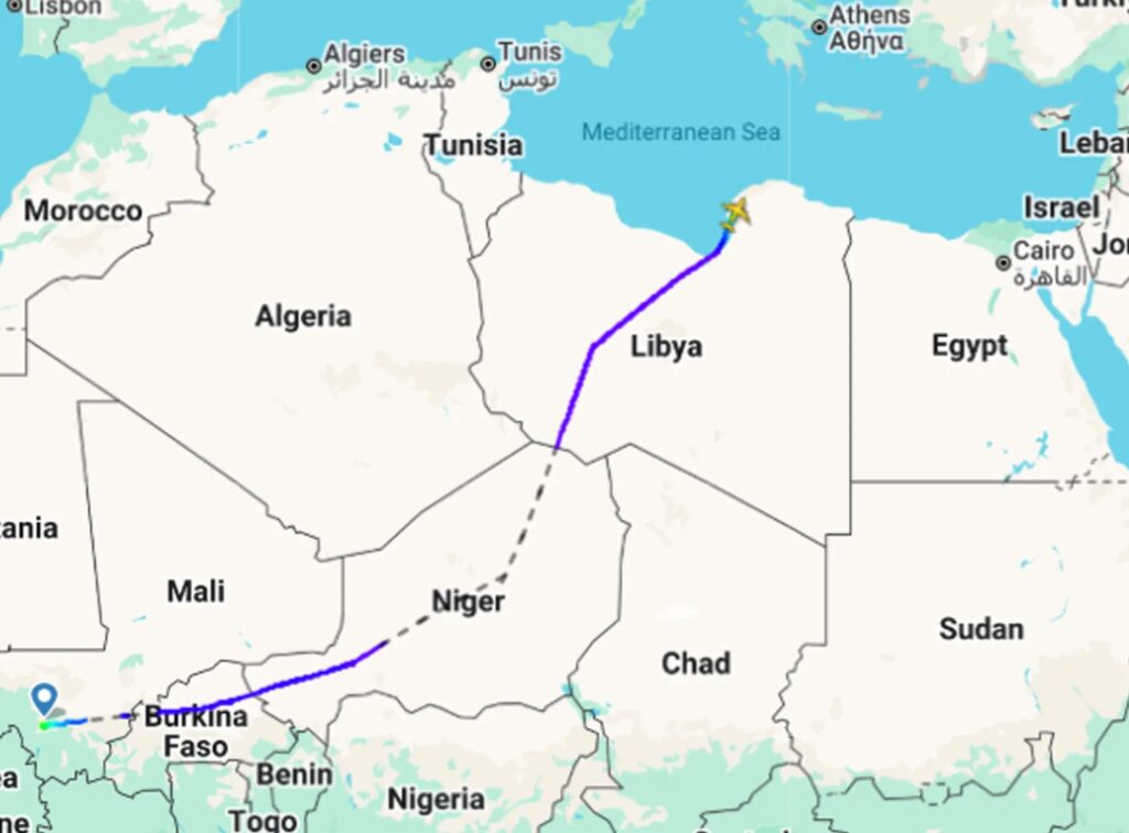 مسار الرحلة "SUM9621" من بنغازي إلى باماكو، في 6 سبتمبر/ أيلول 2026 ⁦(Flight Radar 24)⁩