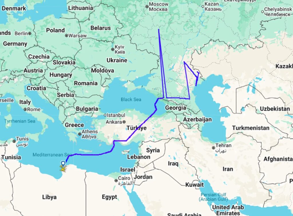 مسار الرحلة "SUM9621" من مطار "جوكوفسكي" بروسيا إلى بنغازي، في 1 سبتمبر/ أيلول 2026 ⁦(Flight Radar 24)⁩